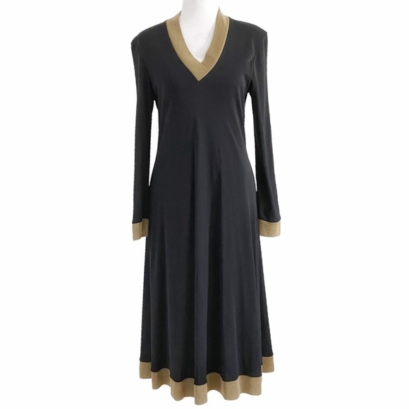 MARIE SAINT PIERRE BLACK GOLD SHIMMER V-NECK LONG SLEEVE MIDI DRESS -  L (4) - Picture 1 of 8